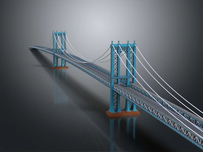 Blue Suspension Bridge 3D Rendering With Tall Towers Suspension Cables And Orange Piers 3d model