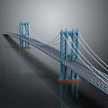 Blue Suspension Bridge 3D Rendering With Tall Towers Suspension Cables And Orange Piers