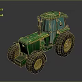 Green Tractor With Large Wheels And Yellow Rims On Reflective Surface