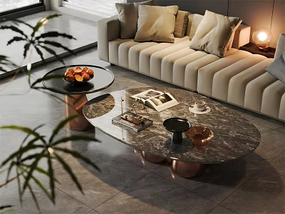 Elegant Modern Sofa and Coffee Table Set with Marble Tops Cushions and Decorative Items 3d model