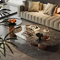 Elegant Modern Sofa and Coffee Table Set with Marble Tops Cushions and Decorative Items