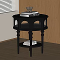 Black Round Top Side Table With Carved Legs And Storage Shelf In Living Room