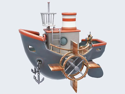 Decorative Ship Ornament Set With Red Grey Hull White Red Chimney Wooden Propeller And Anchor 3d model