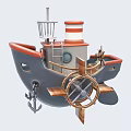 Decorative Ship Ornament Set With Red Grey Hull White Red Chimney Wooden Propeller And Anchor