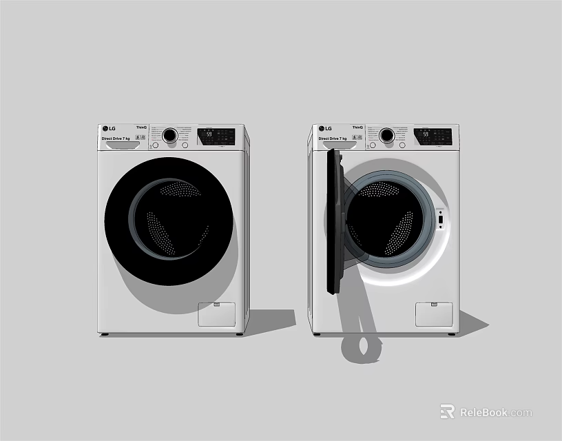 Two White Front Load Washing Machines with Open and Closed Doors Modern Design 3d model 