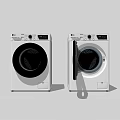 Two White Front Load Washing Machines with Open and Closed Doors Modern Design