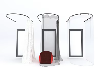 Different Curtain Styles Featuring White Transparent and Textured Fabrics with Red Decorative Stool 3d model