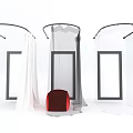 Different Curtain Styles Featuring White Transparent and Textured Fabrics with Red Decorative Stool