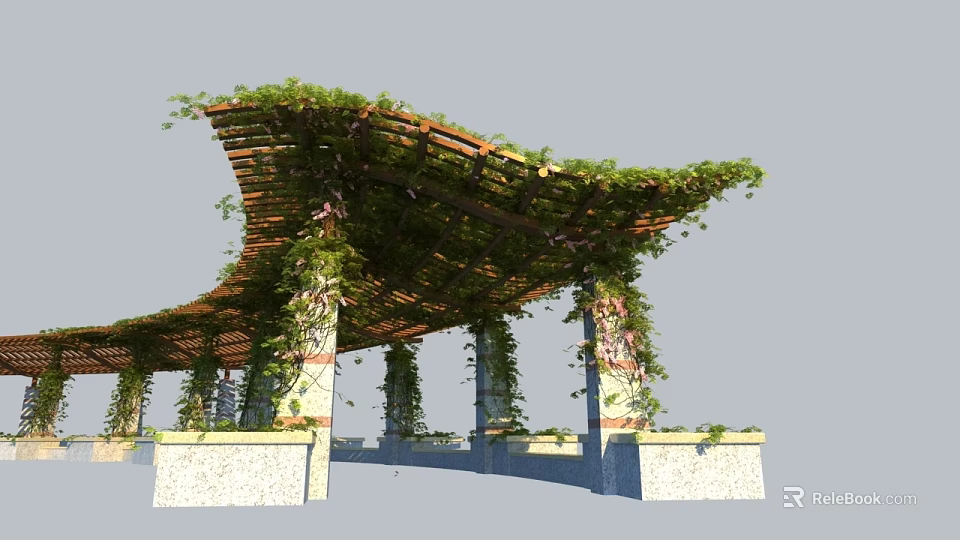 Lush Climbing Plants Covered Pergola with Wooden Frame and Stone Column Bases 3d model 