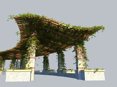 Lush Climbing Plants Covered Pergola with Wooden Frame and Stone Column Bases 3d model
