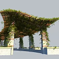 Lush Climbing Plants Covered Pergola with Wooden Frame and Stone Column Bases