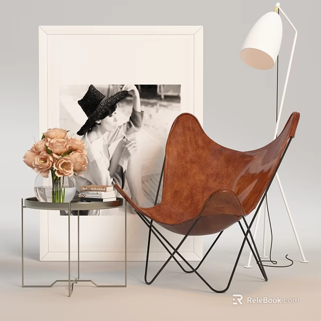 Brown Leather Lounge Chair With Side Table Vase Pink Flowers Monochrome Photo And Floor Lamp 3d model 