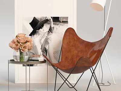 Brown Leather Lounge Chair With Side Table Vase Pink Flowers Monochrome Photo And Floor Lamp 3d model