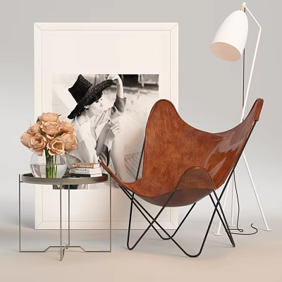 Brown Leather Lounge Chair With Side Table Vase Pink Flowers Monochrome Photo And Floor Lamp 3d model