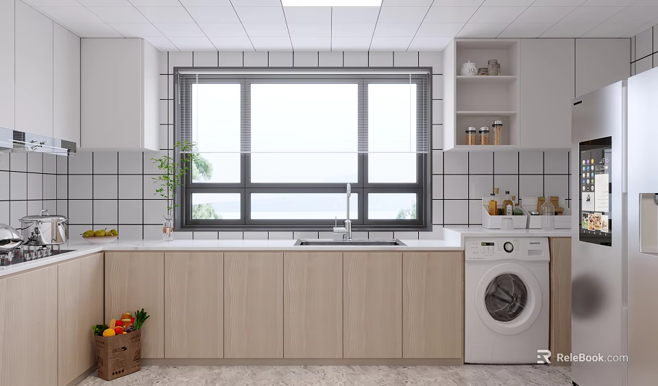 Modern Kitchen Interior With Light Wood Cabinets Sink Window Washing Machine And Green Plant 3d model 