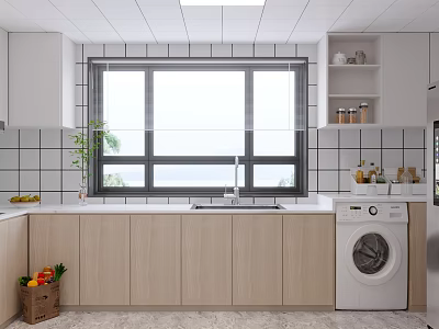 Modern Kitchen Interior With Light Wood Cabinets Sink Window Washing Machine And Green Plant 3d model
