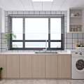 Modern Kitchen Interior With Light Wood Cabinets Sink Window Washing Machine And Green Plant