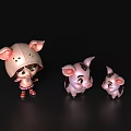 Cute Game Movie Characters Girl With Pig Ear Hat And Two Pink Pig Figures