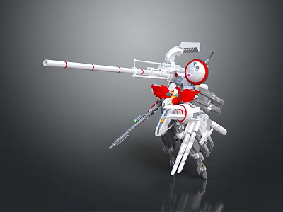 Mechanical Robot Character With Long Cannon Barrel Red Decorations And Multiple Weapons 3d model