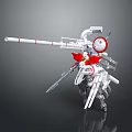Mechanical Robot Character With Long Cannon Barrel Red Decorations And Multiple Weapons 3d model