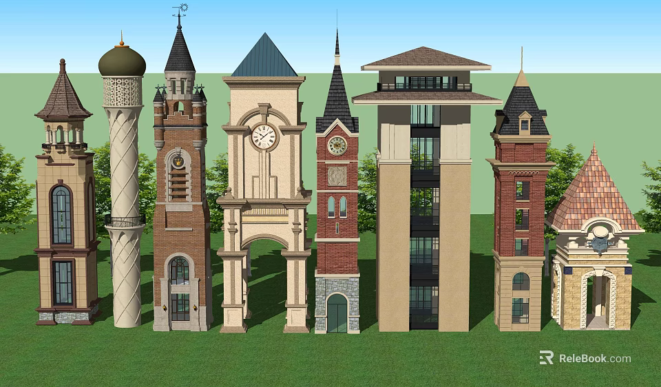 Various Architectural Towers With Dome Spire And Clock Designs On Green Grass 3d model 