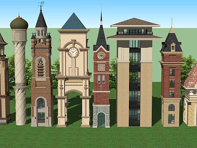 Various Architectural Towers With Dome Spire And Clock Designs On Green Grass 3d model