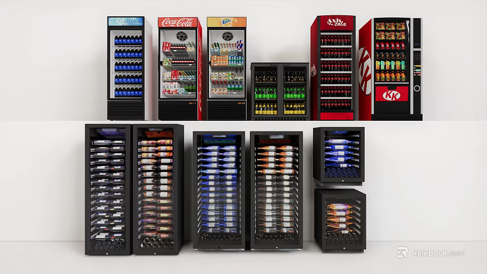 Various Commercial Beverage Display Refrigerators With Glass Doors And Branded Drinks 3d model 
