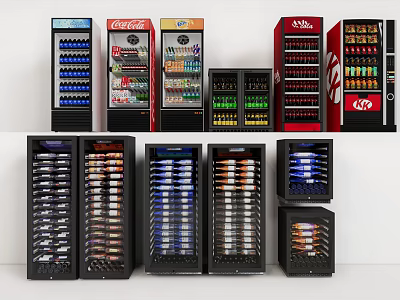 Various Commercial Beverage Display Refrigerators With Glass Doors And Branded Drinks 3d model
