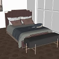 Double Bed With Brown Headboard Pillows Gray Blanket And Navy Bench On Herringbone Wooden Floor