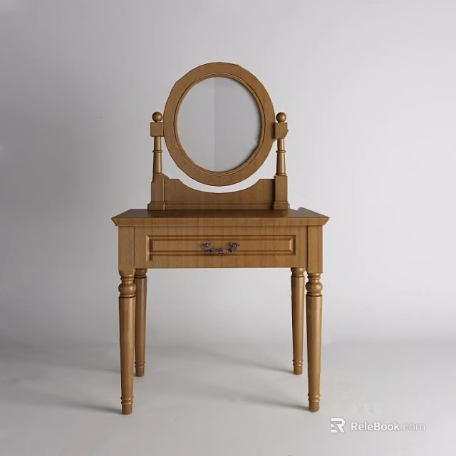 Classic Wooden Dressing Table Featuring Round Mirror Single Drawer And Elegant Legs 3d model