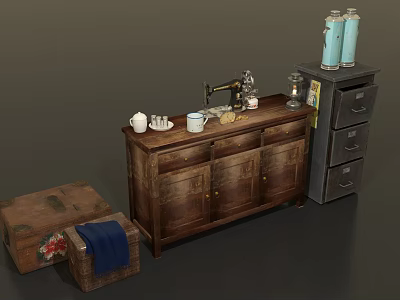 Vintage Wooden Cabinet With Sewing Machine Tea Cups Blue Canisters Storage Boxes And Drawer Cabinet 3d model