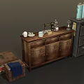 Vintage Wooden Cabinet With Sewing Machine Tea Cups Blue Canisters Storage Boxes And Drawer Cabinet
