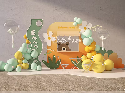 Cutie Bear Themed Welcome Entrance With Colorful Balloons And Flower Decorations 3d model