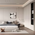 Modern Bedroom Interior Design With Panel Wall Abstract Art Throw Pillows And Armchair Rug