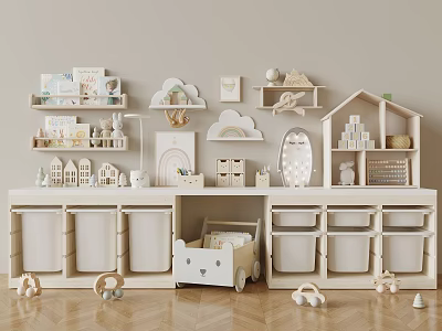 Children's Room Organized Storage With Wooden Cabinets House Shaped Organizers Toys And Cloud Decor 3d model