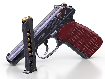 Classic Handgun With Red Grip Black Body And Magazine With Bullets 3d model