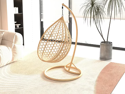 Modern Woven Hanging Chair in Cozy Living Room with Sofa Plant and Natural Light 3d model