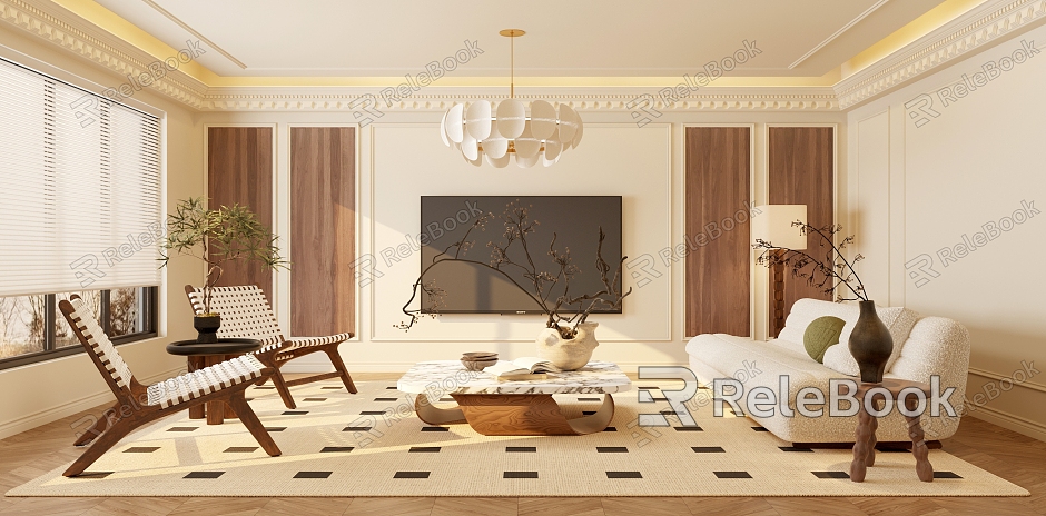 Antique Home Living Room Sofa Coffee Table Combination Jewelry Leisure Chair Chandelier Floor Lamp Carpet Sofa Background Wall model