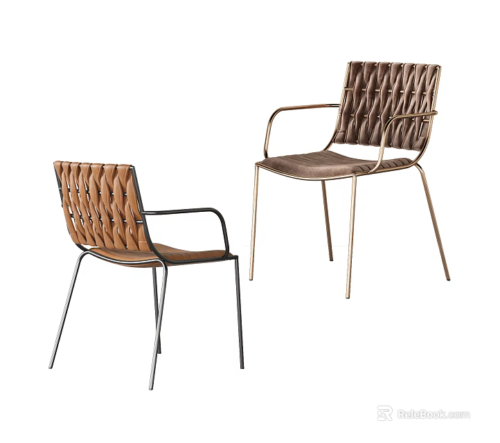Modern Leisure Chairs With Woven Backrest Leather Seat And Black Gold Metal Legs 3d model 