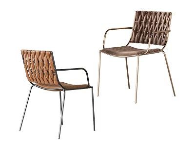 Modern Leisure Chairs With Woven Backrest Leather Seat And Black Gold Metal Legs 3d model