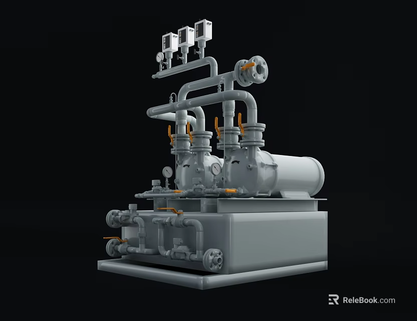 Complex Industrial Mechanical Equipment With Pipes Valves Gauges Pumps And Tank 3d model 