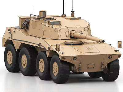 Detailed Sand Colored Wheeled Military Tank With Cannon And Antennas Structure 3d model