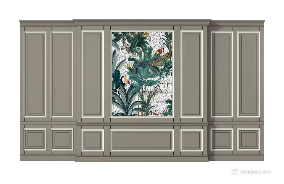 Elegant Gray Wainscoting With White Trim And Central Tropical Decorative Art 3d model 