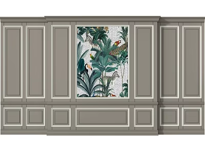 Elegant Gray Wainscoting With White Trim And Central Tropical Decorative Art 3d model