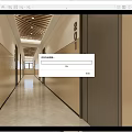 Modern Elevator Hallway With Wooden Ceiling Slats Beige Walls Dark Door Frames And Gray Floor