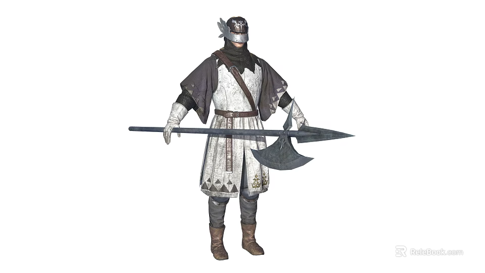 Medieval Warrior In Ornate Armor Helmet With Polearm Weapon White Dark Tunic And Brown Boots 3d model 