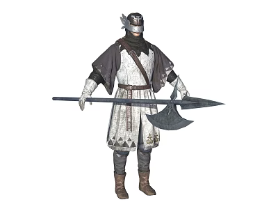 Medieval Warrior In Ornate Armor Helmet With Polearm Weapon White Dark Tunic And Brown Boots 3d model