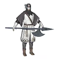 Medieval Warrior In Ornate Armor Helmet With Polearm Weapon White Dark Tunic And Brown Boots