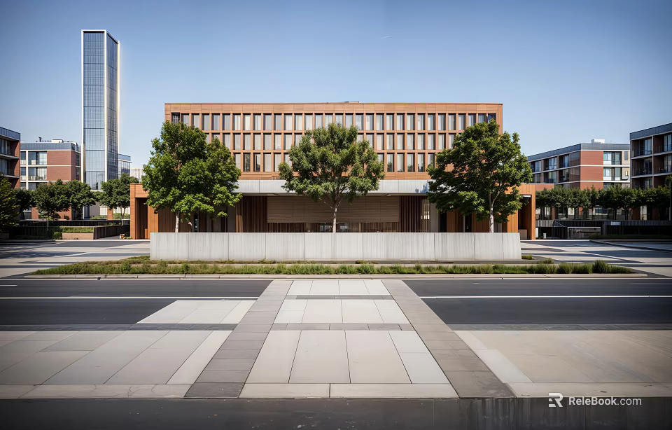 Modern School Building With Brick Facade Large Windows And Green Trees In Front Plaza 3d model 