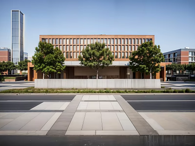 Modern School Building With Brick Facade Large Windows And Green Trees In Front Plaza 3d model
